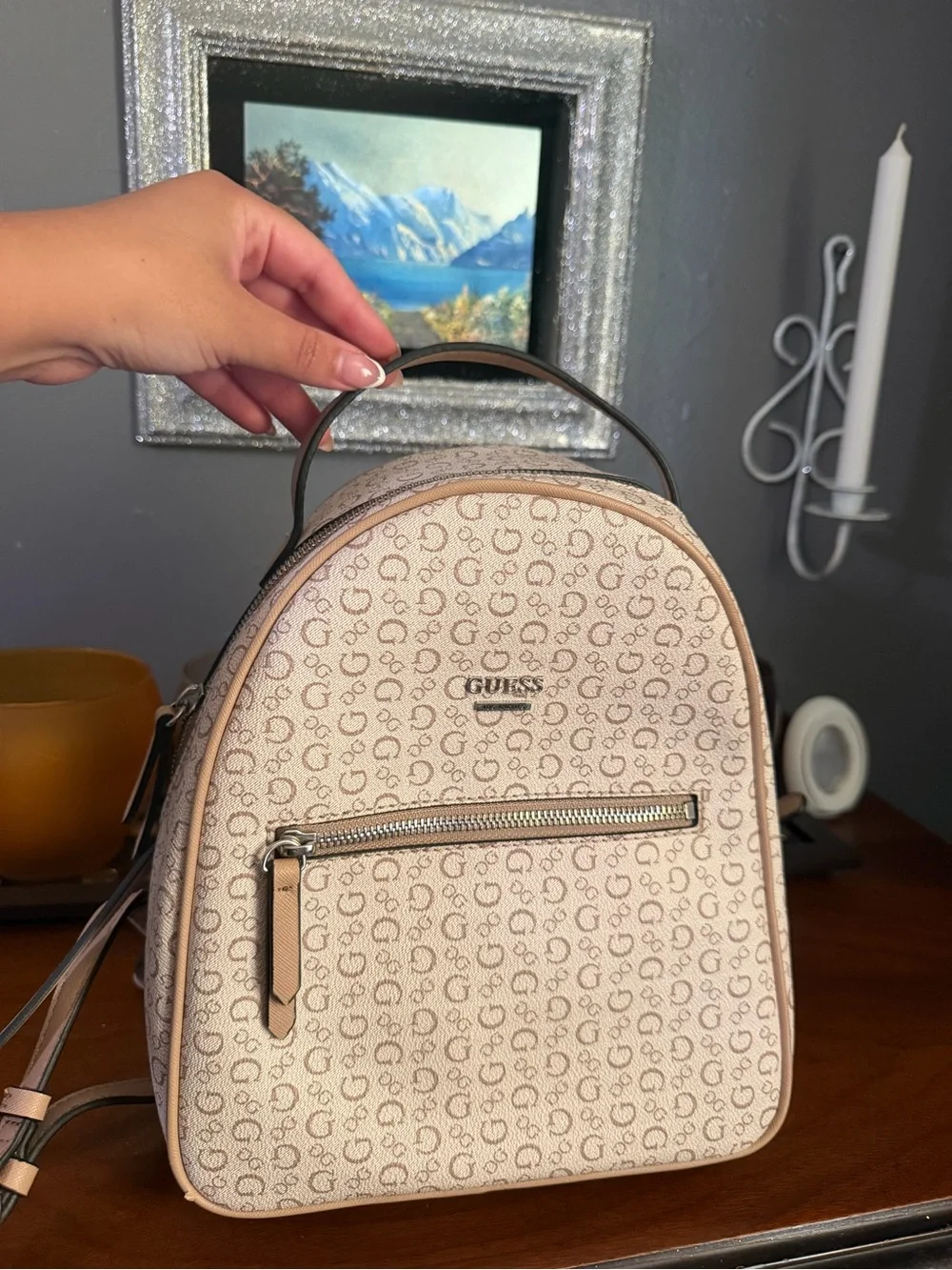 GUESS Beige Logo-Print Mini Backpack with Front Zip